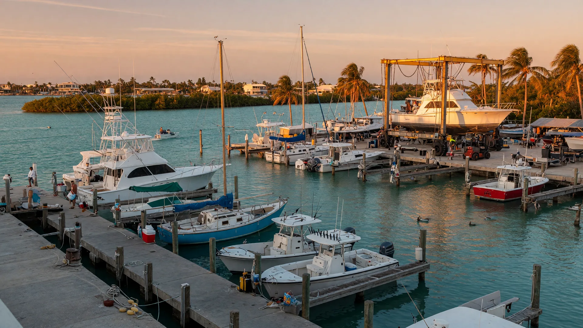A lively Florida Keys marina at golden hour, rows of sportfishing yachts and sailboats moored at weathered wooden and concrete docks, a boatyard with rigging in the background, palm trees and a low island skyline on turquoise water