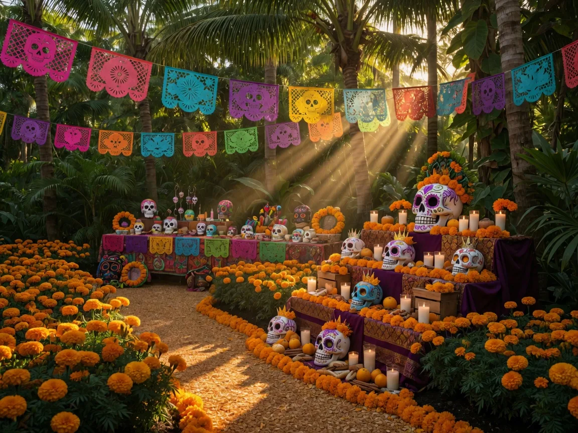 Dia de los Muertos display at a Florida botanical garden with vivid marigold beds, papel picado banners between palm trees, and a candle-lit altar with sugar skulls