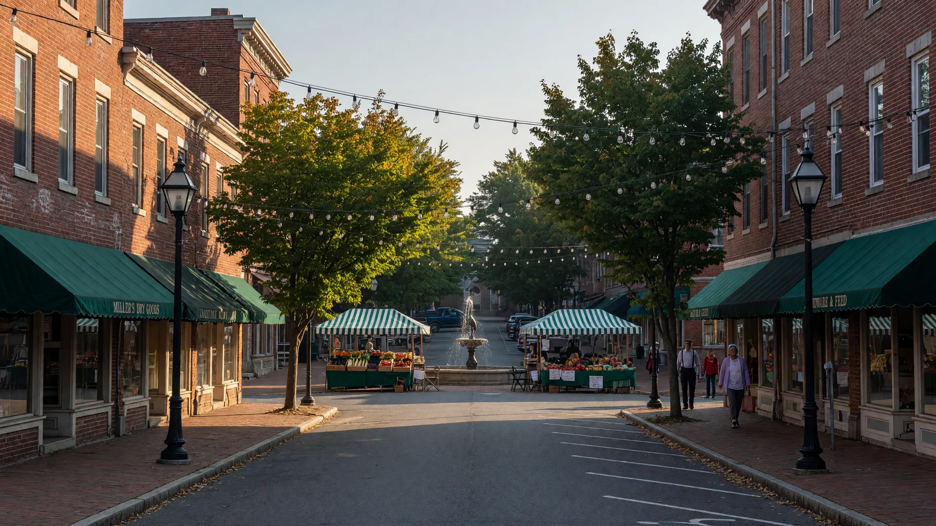 A small Pennsylvania town main street and square on an early September morning