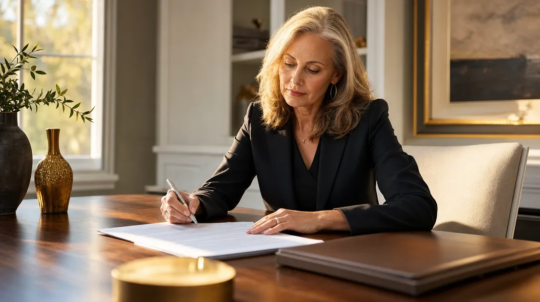 A professional woman thoughtfully reviewing a real estate contract in a warm Murrieta-style home office with golden-hour light