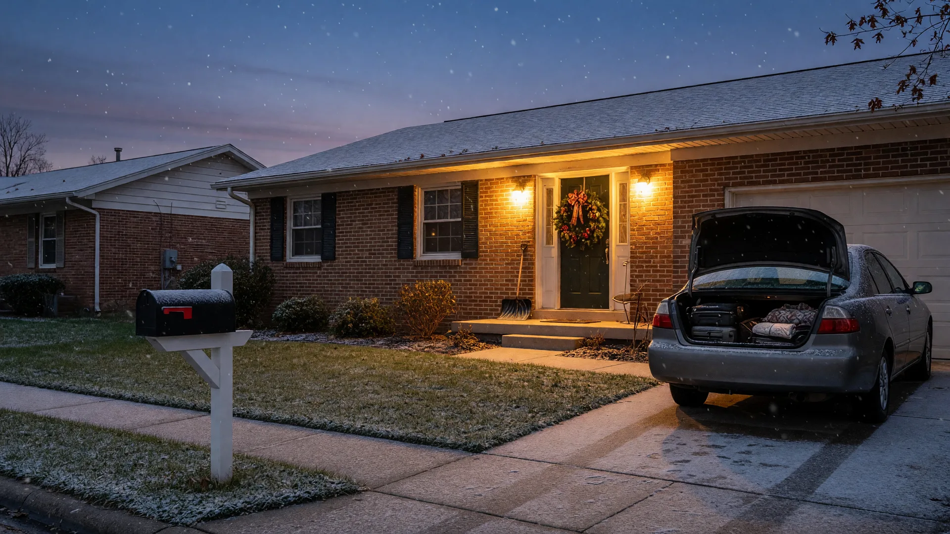 A cozy brick ranch home in a Northwest Indiana suburb at dusk in early December, with an evergreen wreath on the door, a warm glowing porch light, softly falling snow, and a sedan in the cleared driveway with its trunk open and travel bags packed