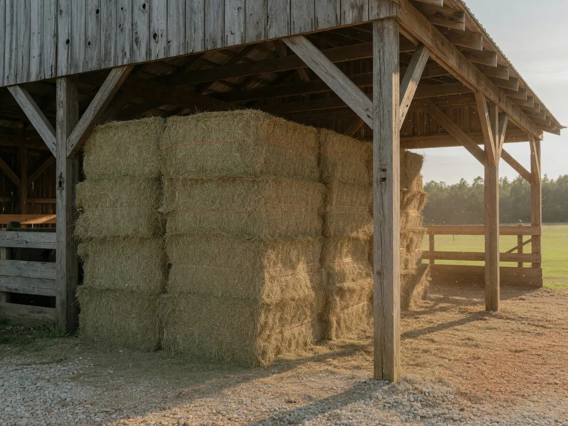 Square bales of coastal Bermuda hay stacked under a barn overhang in Aiken, South Carolina