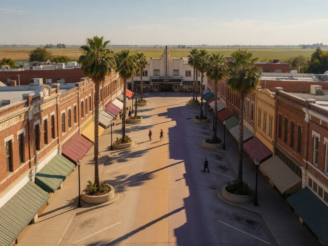 Downtown Merced's Main Street on an early-October afternoon with historic brick storefronts, canvas awnings, palm-lined sidewalks, and the flat Central Valley stretching to the horizon