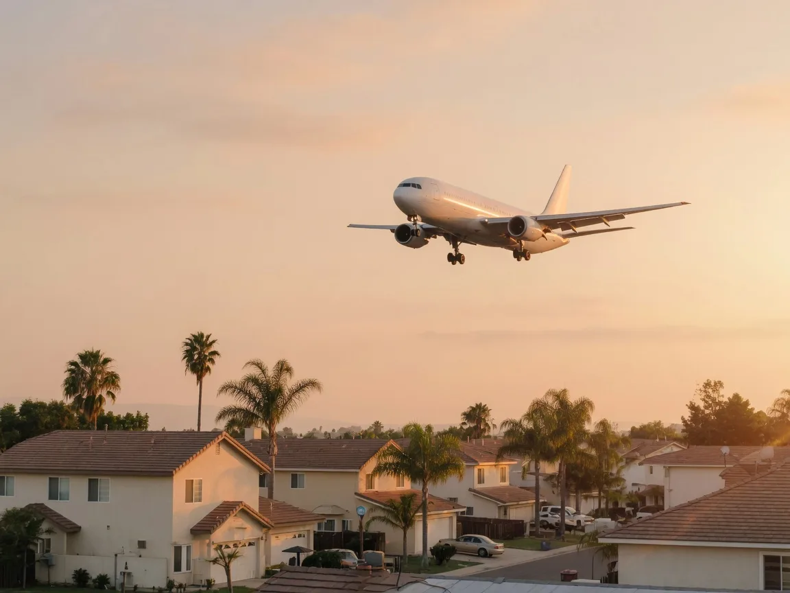 White commercial airliner descending over warm suburban rooftops at golden hour near John Wayne Airport