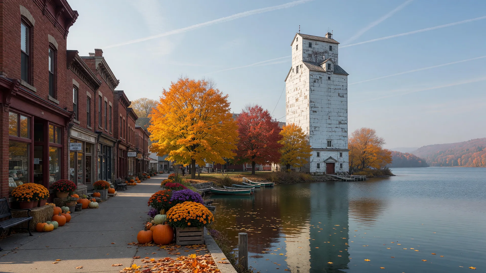 A heritage lakeside Ontario main street in late October: red brick storefronts, golden maples, pumpkins and mums in window displays, and the white grain elevator rising beside the autumn lake