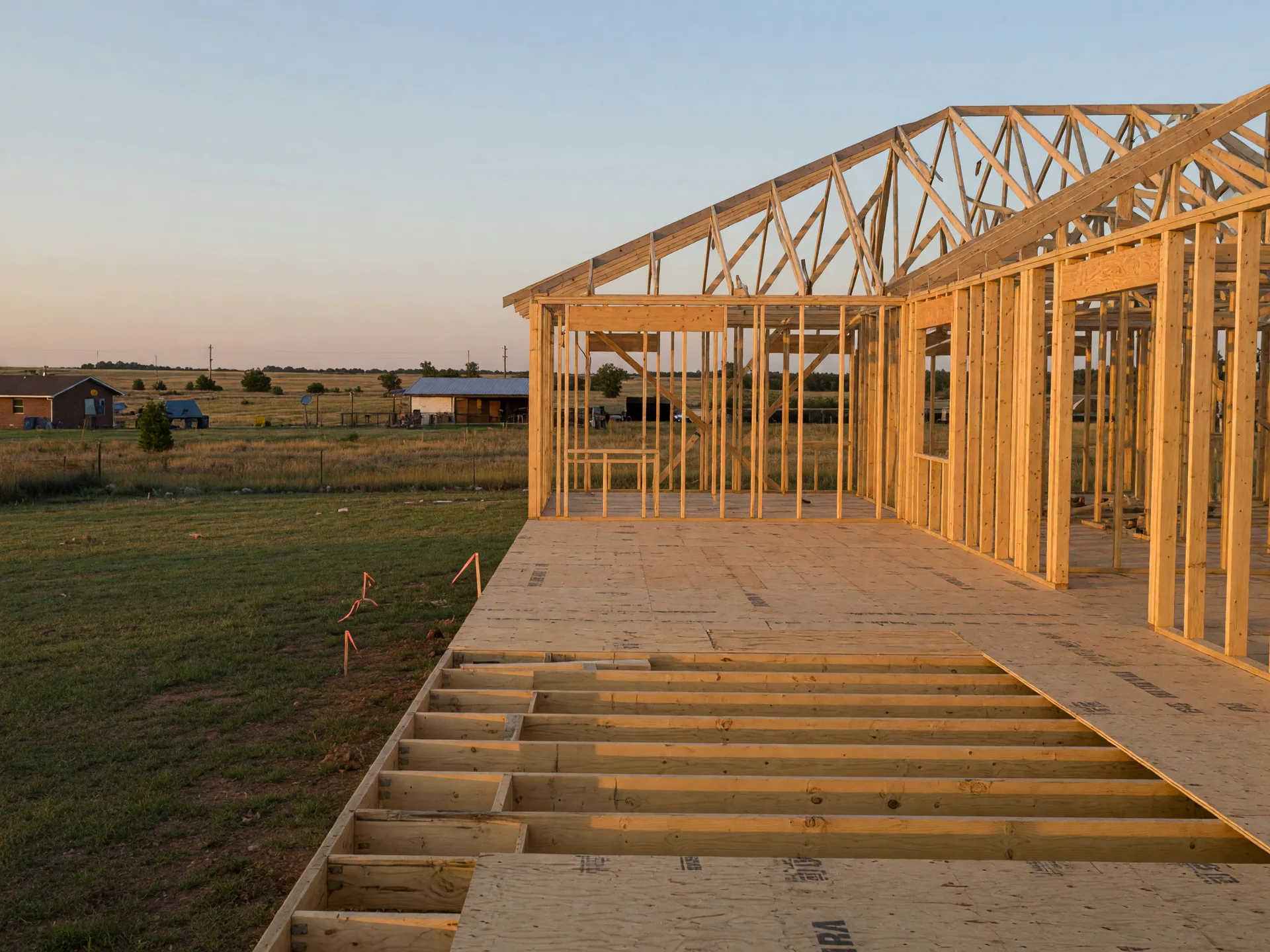 Timber framing of a new house under construction on a grassy Oklahoma lot