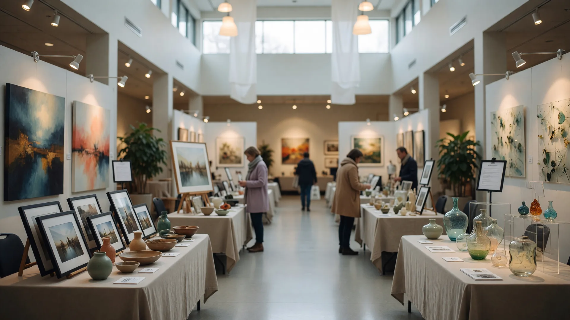 An indoor fine arts festival in a light-filled civic center with artists' booths of paintings, photography, pottery, and glass on easels and tables under warm gallery lighting