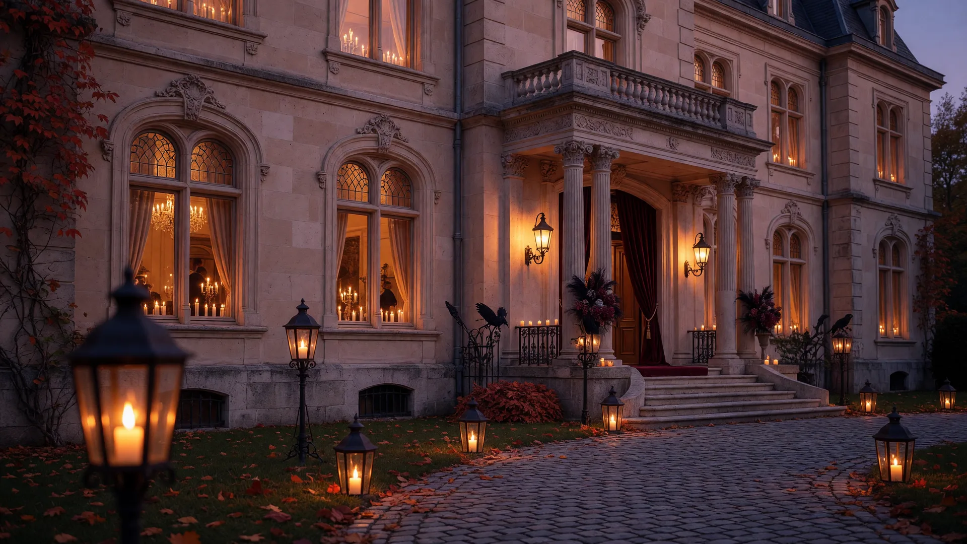 Chateau Elan Resort at dusk with warm candlelit glow, setting the scene for a sophisticated old-world Halloween gala