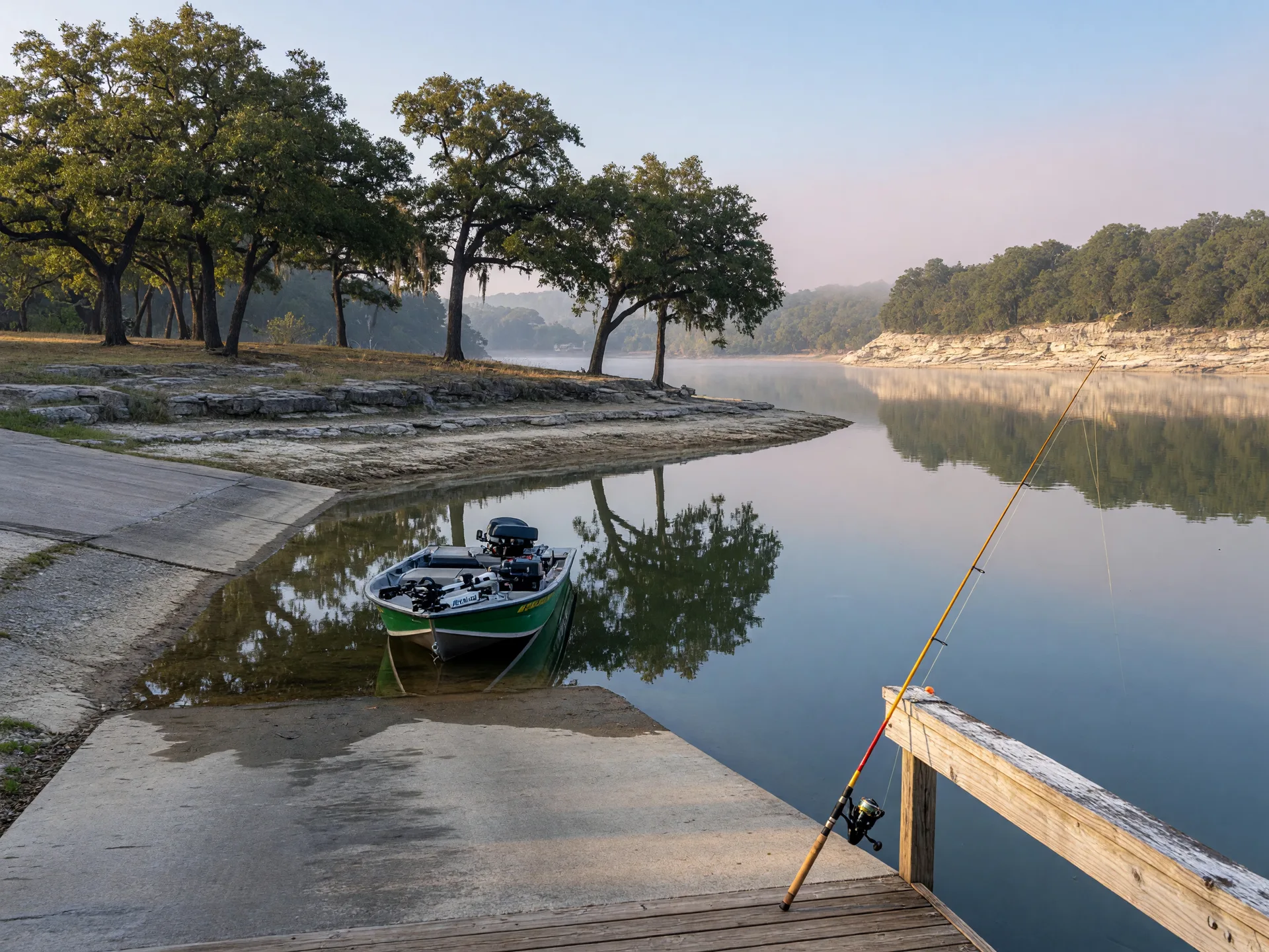 A calm Boerne City Lake shoreline with live oaks to the waterline and a fishing rod resting on a wooden dock rail, with a small electric boat beached at a concrete ramp