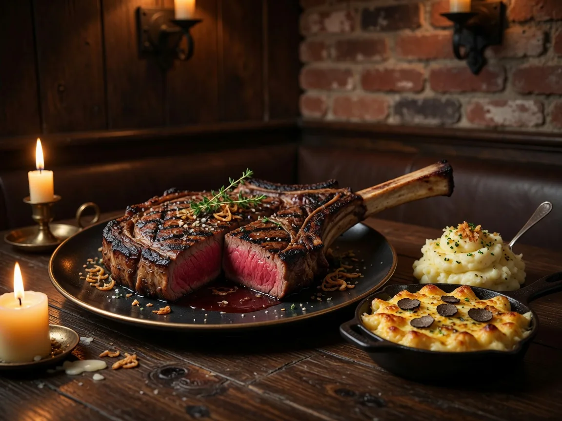 Wood-fire grilled bone-in ribeye steak at Bare Bones Steakhouse in Buford Georgia, served with truffle mac and cheese and garlic mashed potatoes