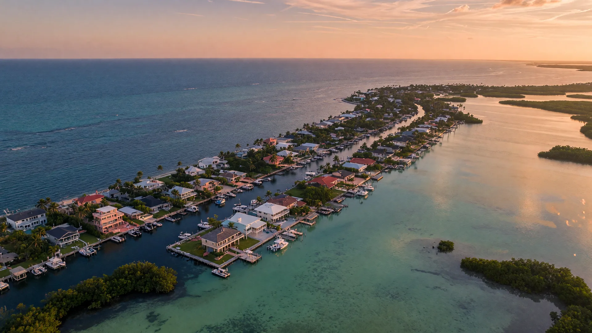 Aerial view of the Florida Keys at golden hour showing deep-blue open ocean, calm turquoise bay flats, and a canal waterfront neighborhood of luxury homes