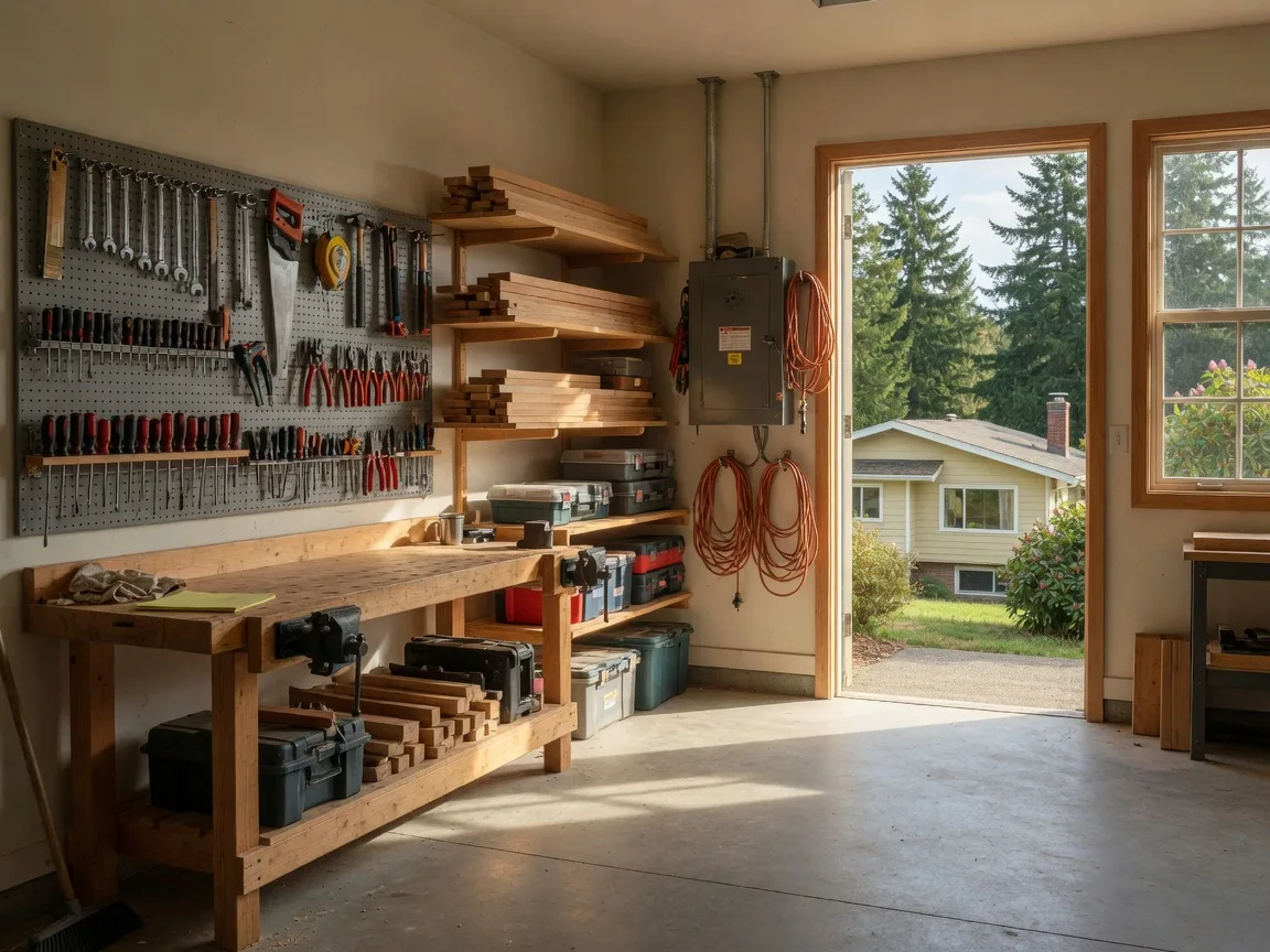 Well-organized workshop interior with workbench, pegboard tools, and neat shelving in warm daylight