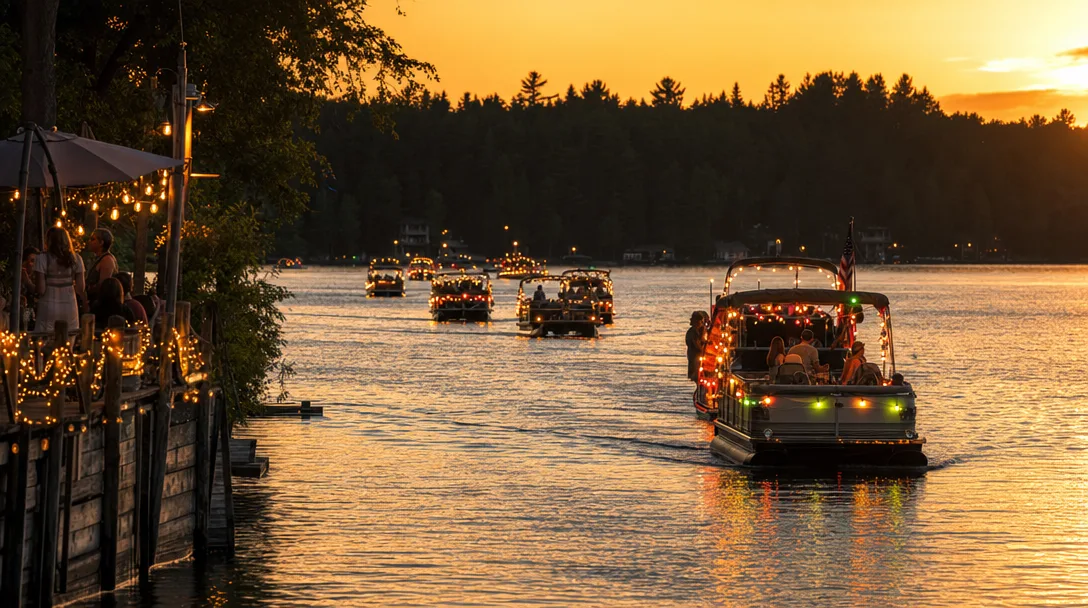 Festive summer evening on Cross Lake with a decorated boat parade, string lights on docks, and golden sunset light