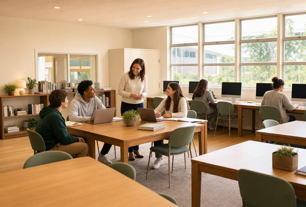 Campus classroom with a teacher, students, and views of trees and buildings outside the windows