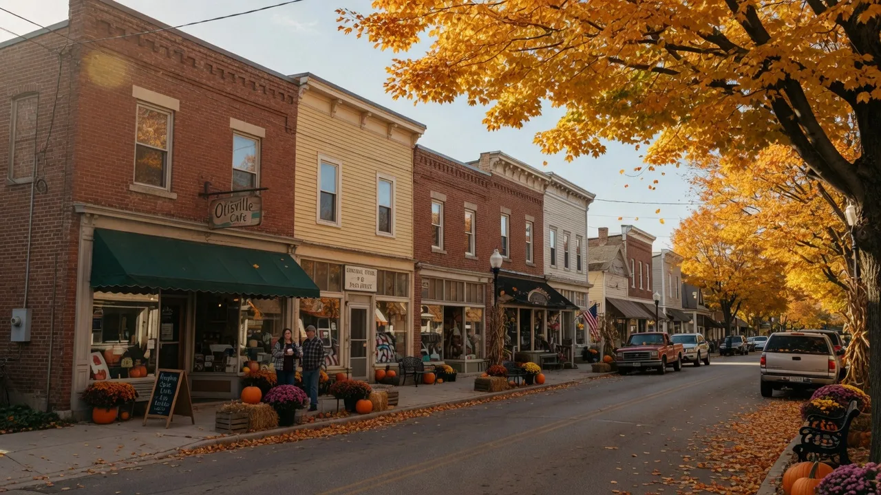 The compact Main Street of Otisville, Michigan on an autumn afternoon with historic storefronts, a village cafe, and maples in gold and orange