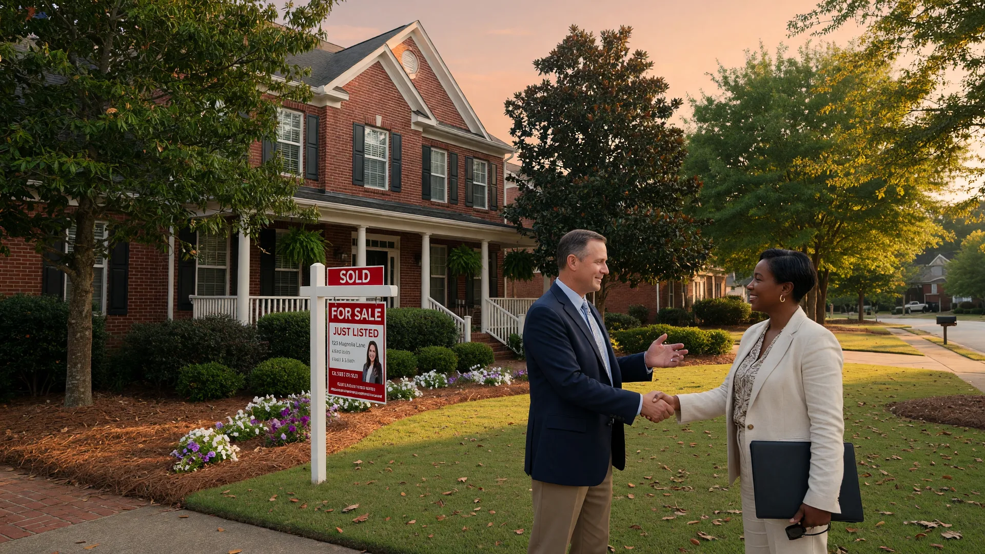 Real estate agent shaking hands with a home seller in front of a sold property in NW Metro Atlanta
