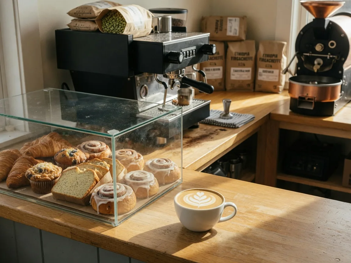 The cozy interior of Boston Stoker Coffee Co. in Centerville Ohio, a wooden counter with a matte espresso machine, a glass display of fresh pastries, and a latte with leaf foam art in warm morning window light with burlap coffee bags softly blurred behind