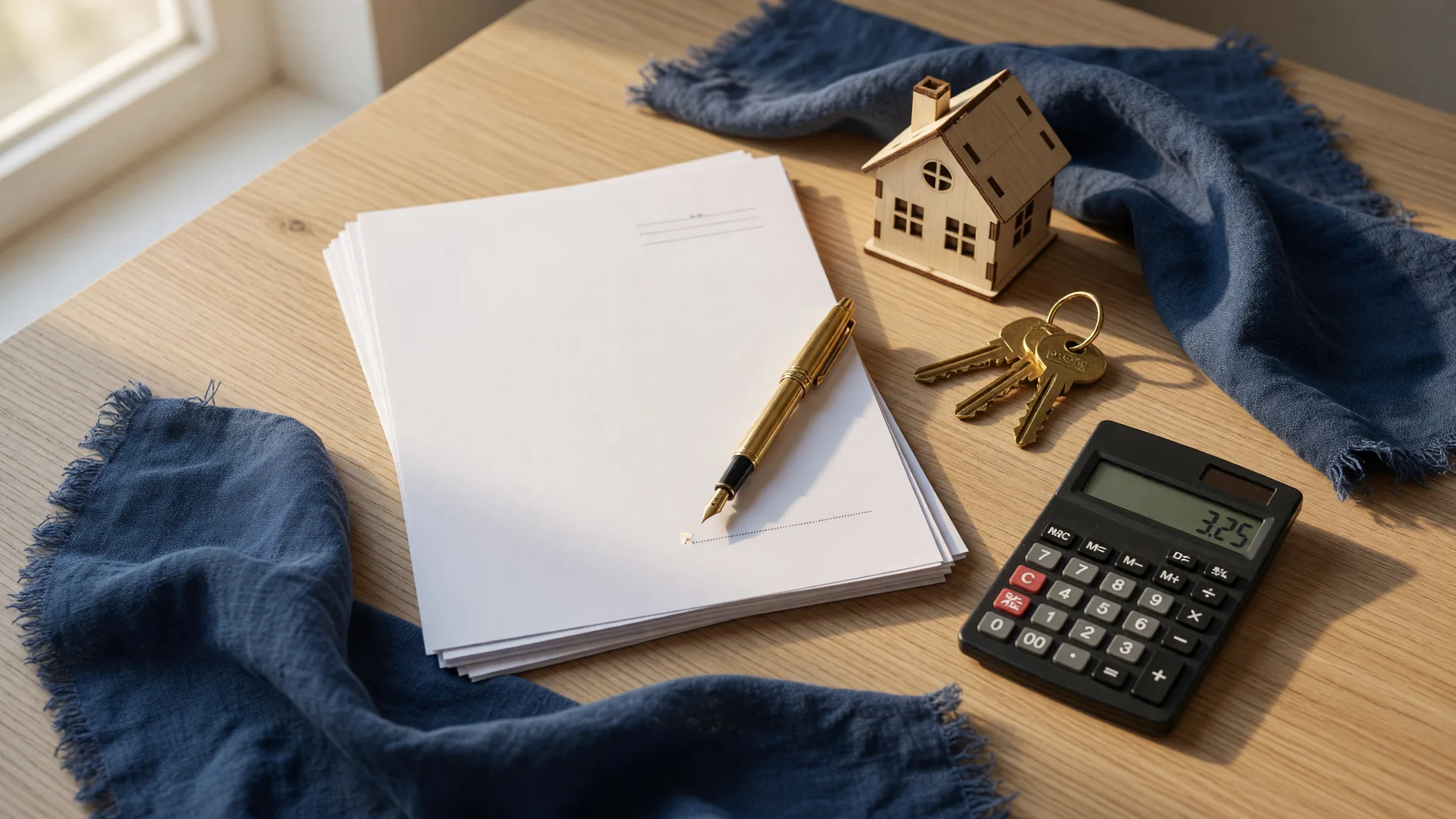 A flat lay of offer documents, a gold pen, a wooden model house, and house keys on a desk, representing preparing a competitive purchase offer