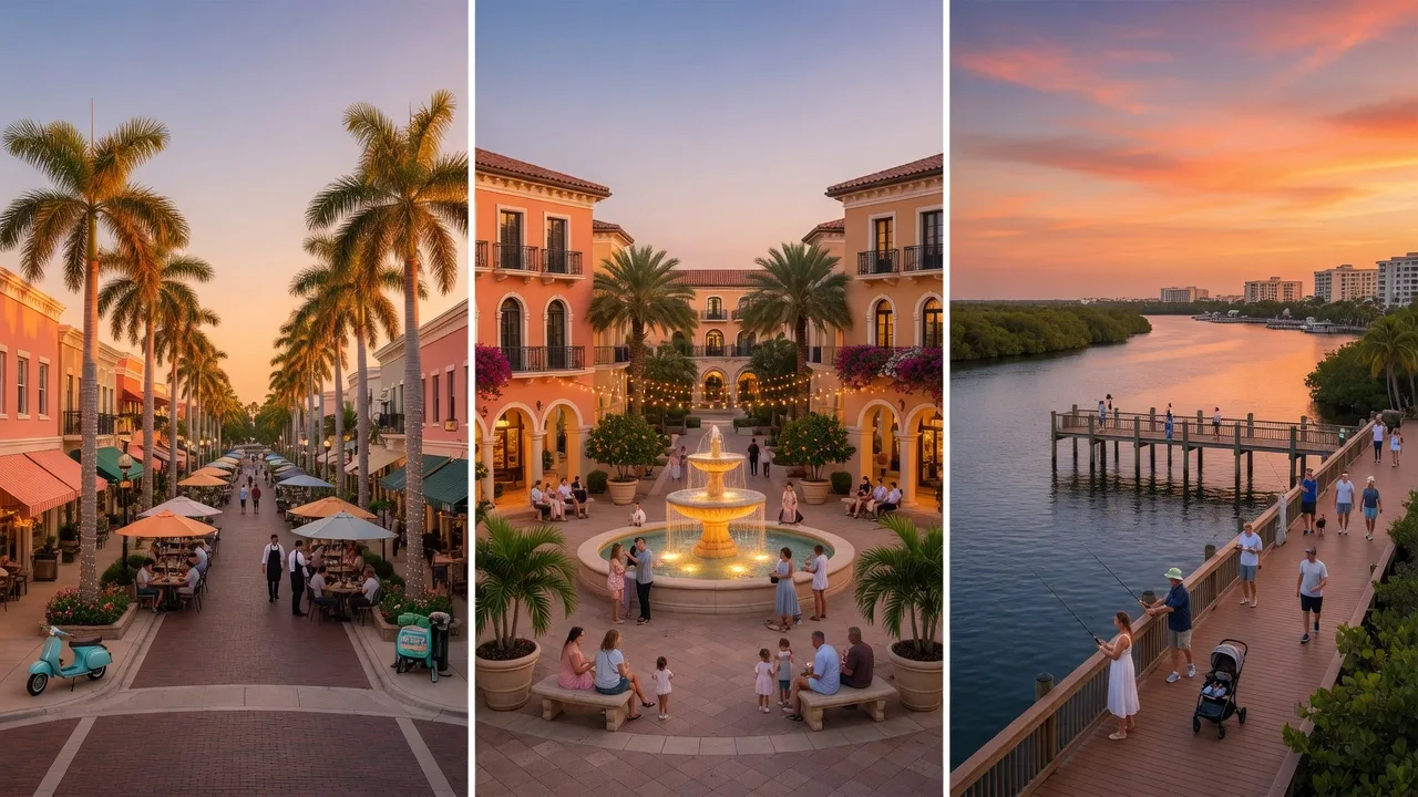 Three vibrant downtown districts in Southwest Florida at golden hour — Sarasota's Main Street, Lakewood Ranch's plaza, and Bradenton's Riverwalk