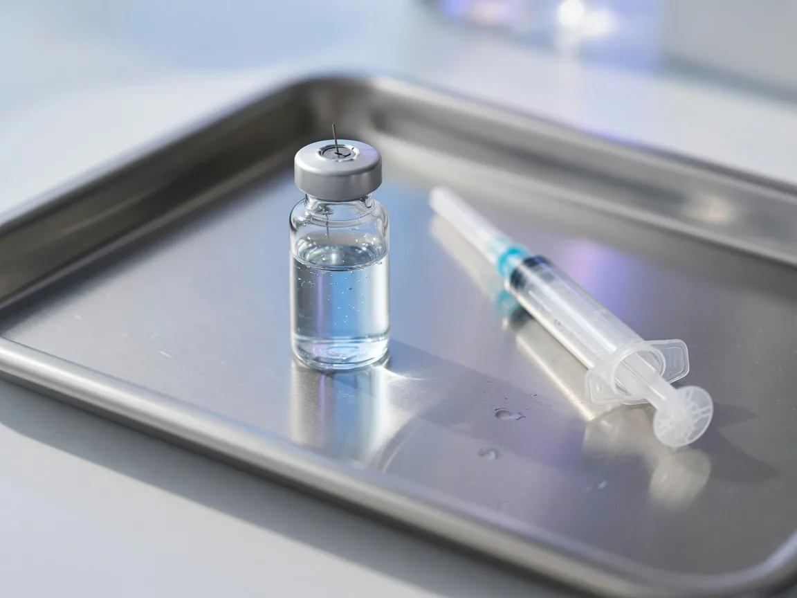 A clear vial and syringe on a stainless steel tray in the clinic preparation area