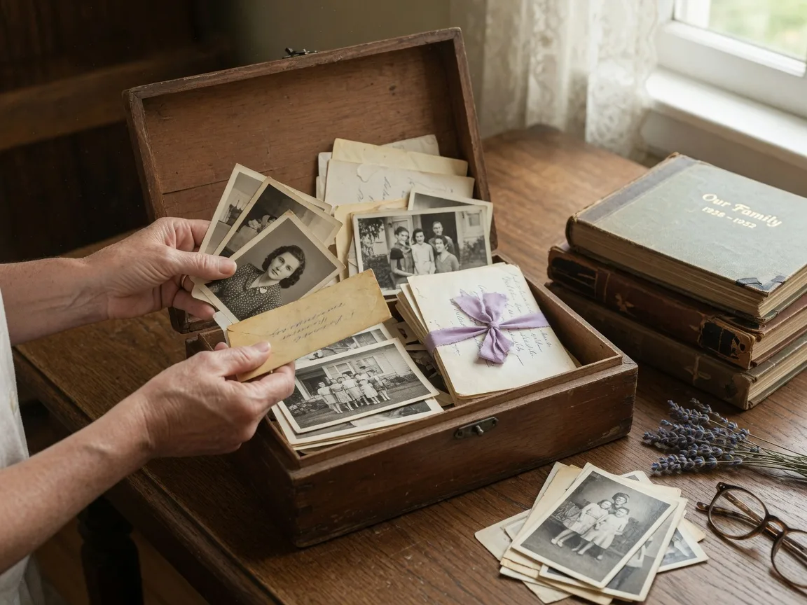 Hands sorting through a vintage wooden box of family photographs and letters on a dining table in warm natural light
