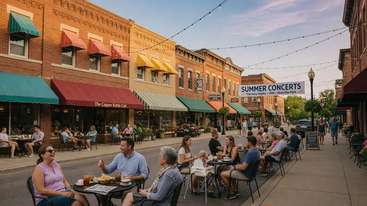 Summer evening on a downtown Mid-Michigan Main Street with string lights and outdoor dining