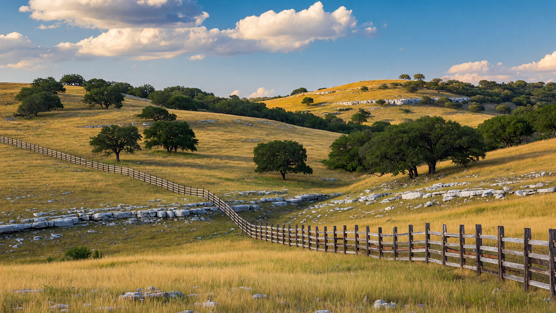 Rolling golden Hill Country ranch land with live oaks and limestone ridges near Driftwood Texas