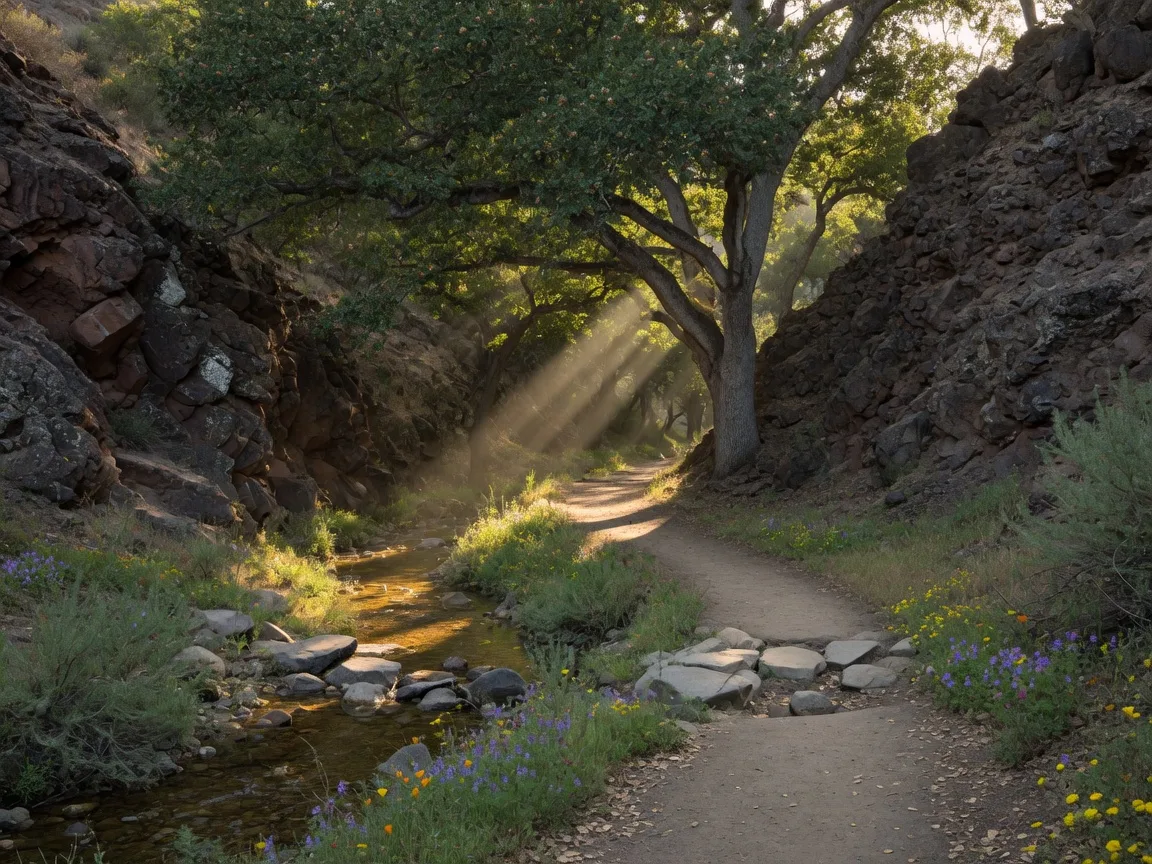 Shaded hiking trail through oak woodlands in Elsmere Canyon, Santa Clarita Valley