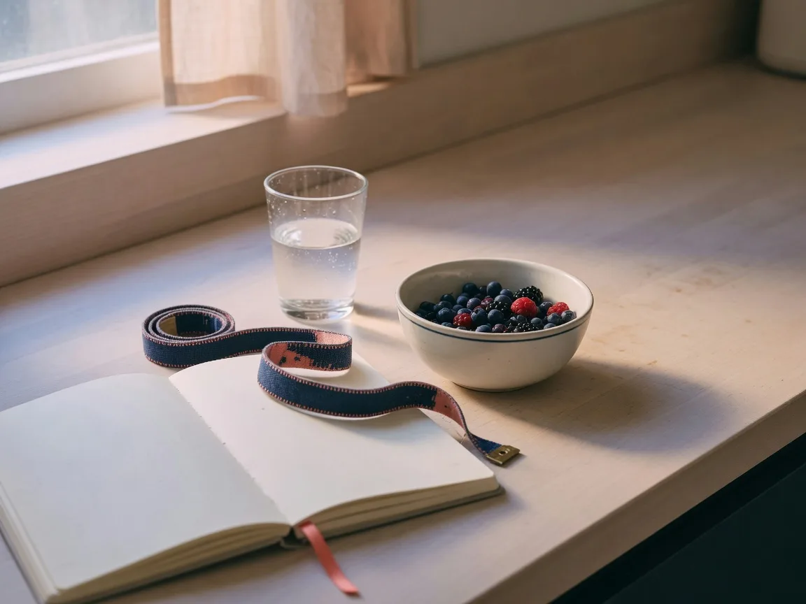 A calm kitchen counter with water, berries and a measuring tape in soft morning light