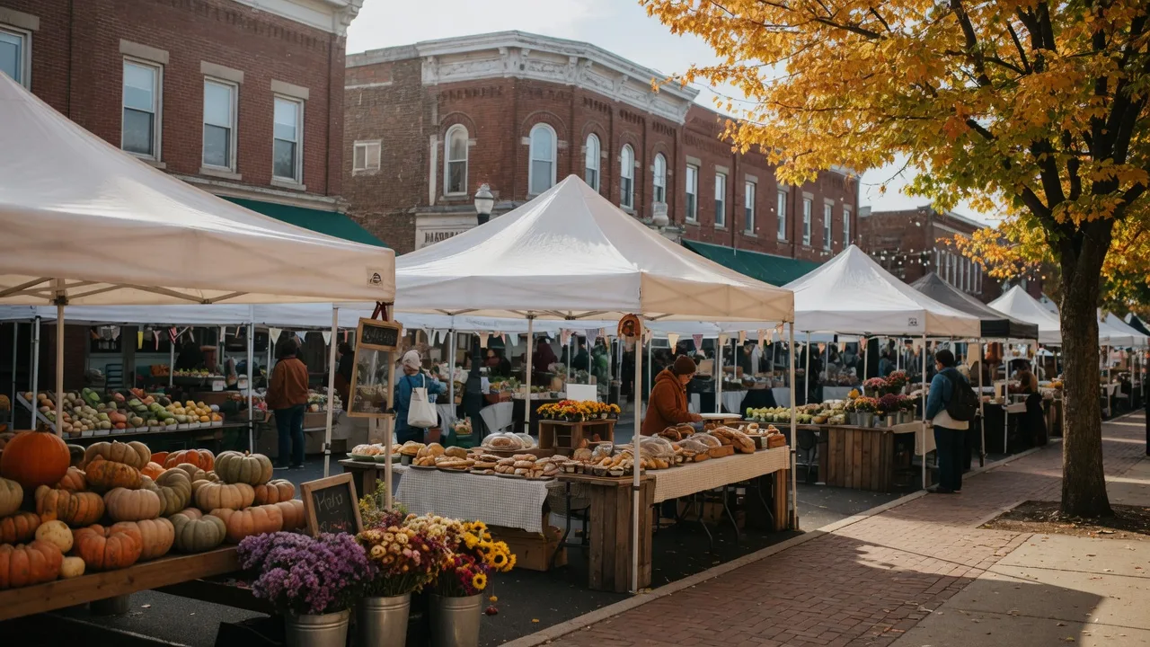 An outdoor farmers market on a small-town New Jersey main street in early fall, with wooden stalls of produce, pumpkins, and flowers under white canopies and old brick buildings and autumn trees behind