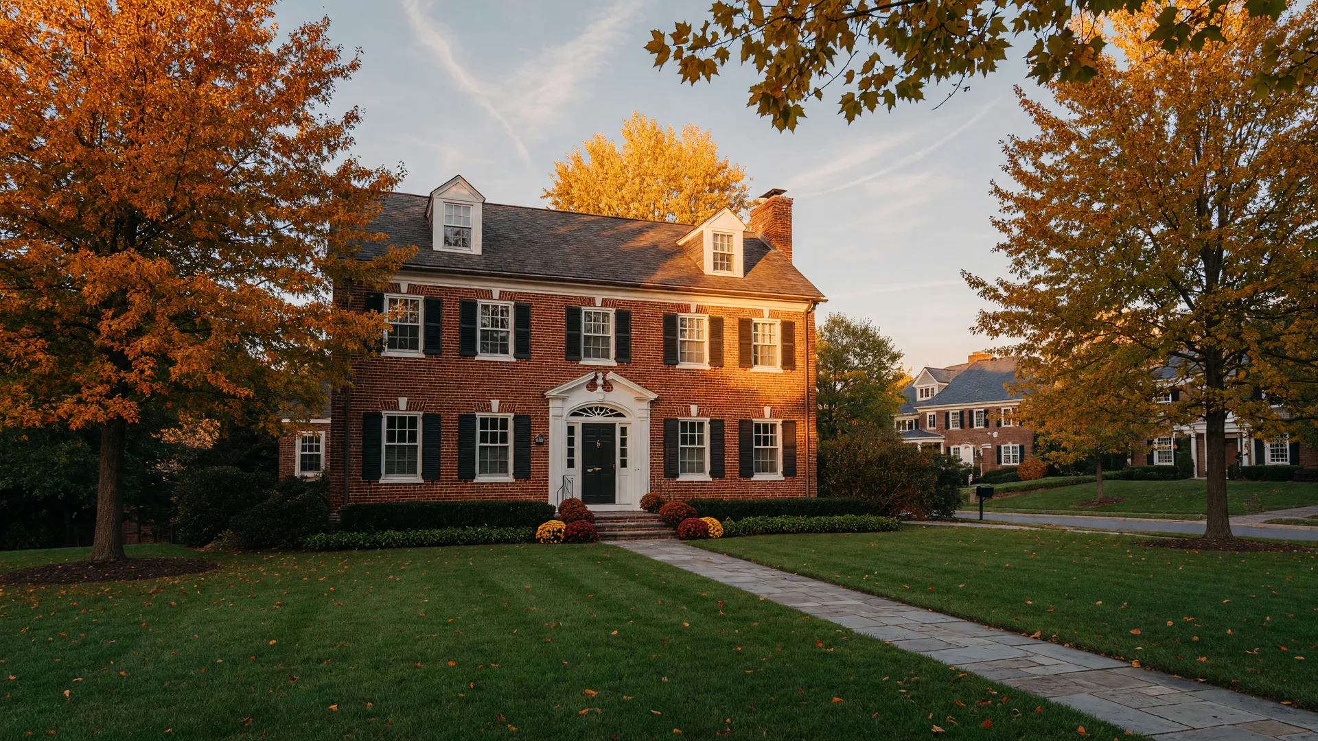Stately brick colonial home in a leafy Maryland suburb in autumn