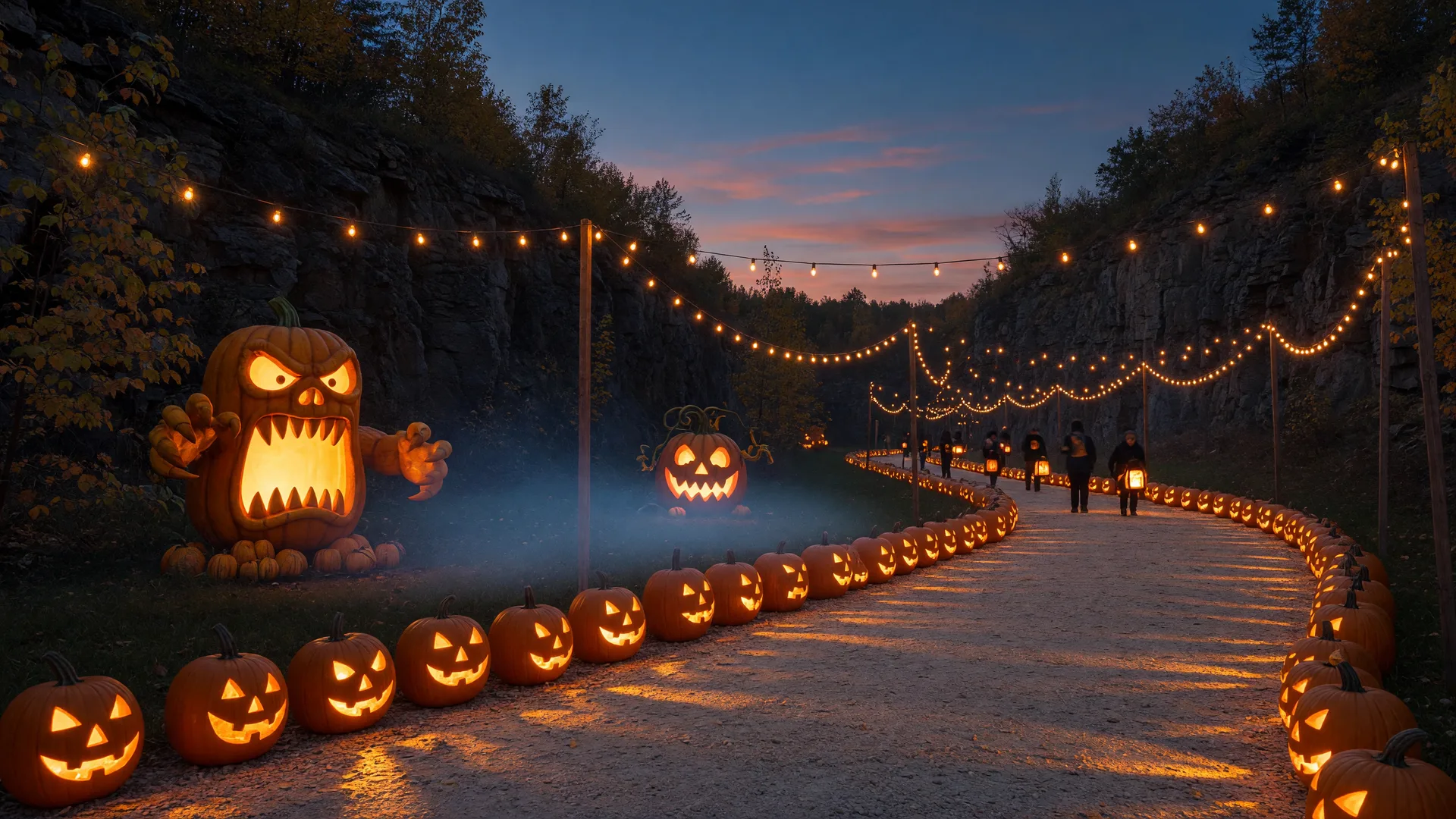 An illuminated evening trail lined with glowing carved pumpkins and string lights at a quarry adventure park in autumn