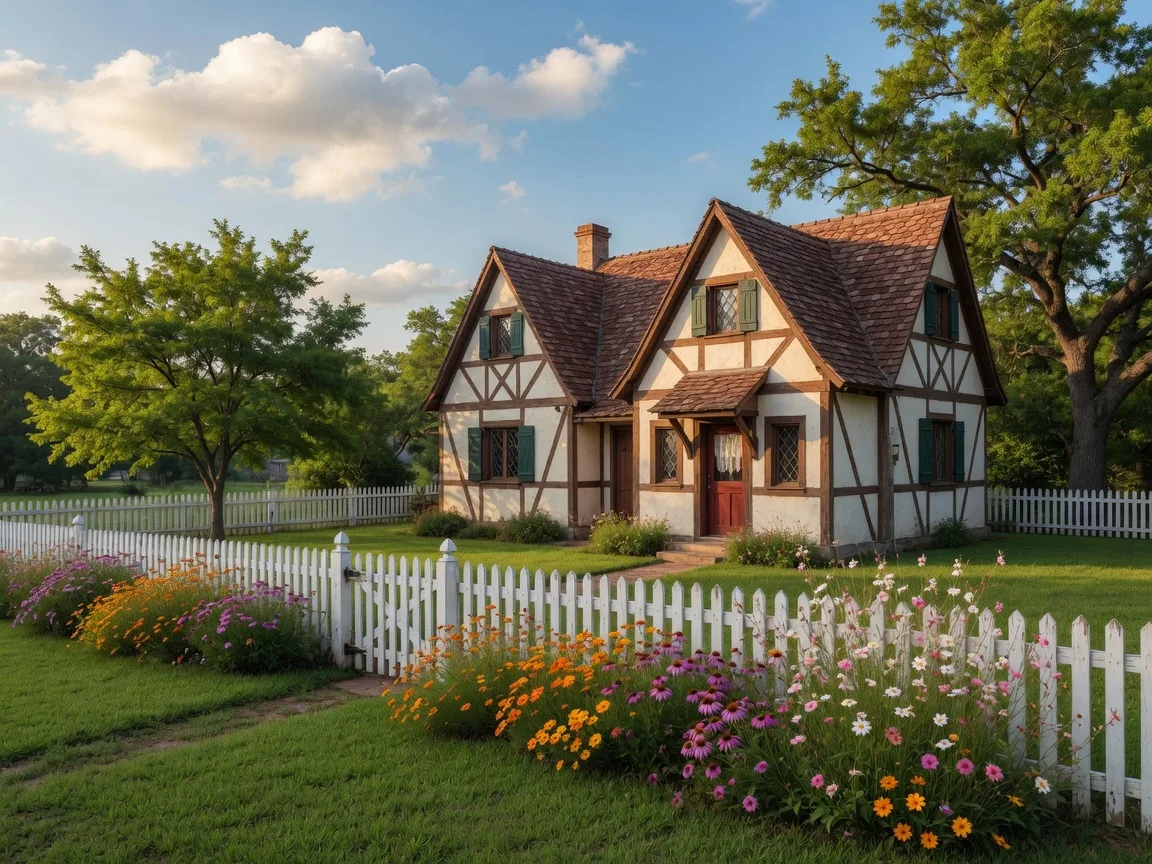 Quaint Alsatian-style cottage in Castroville, Texas with steeply pitched roof, half-timbered details, and blooming wildflowers in the foreground