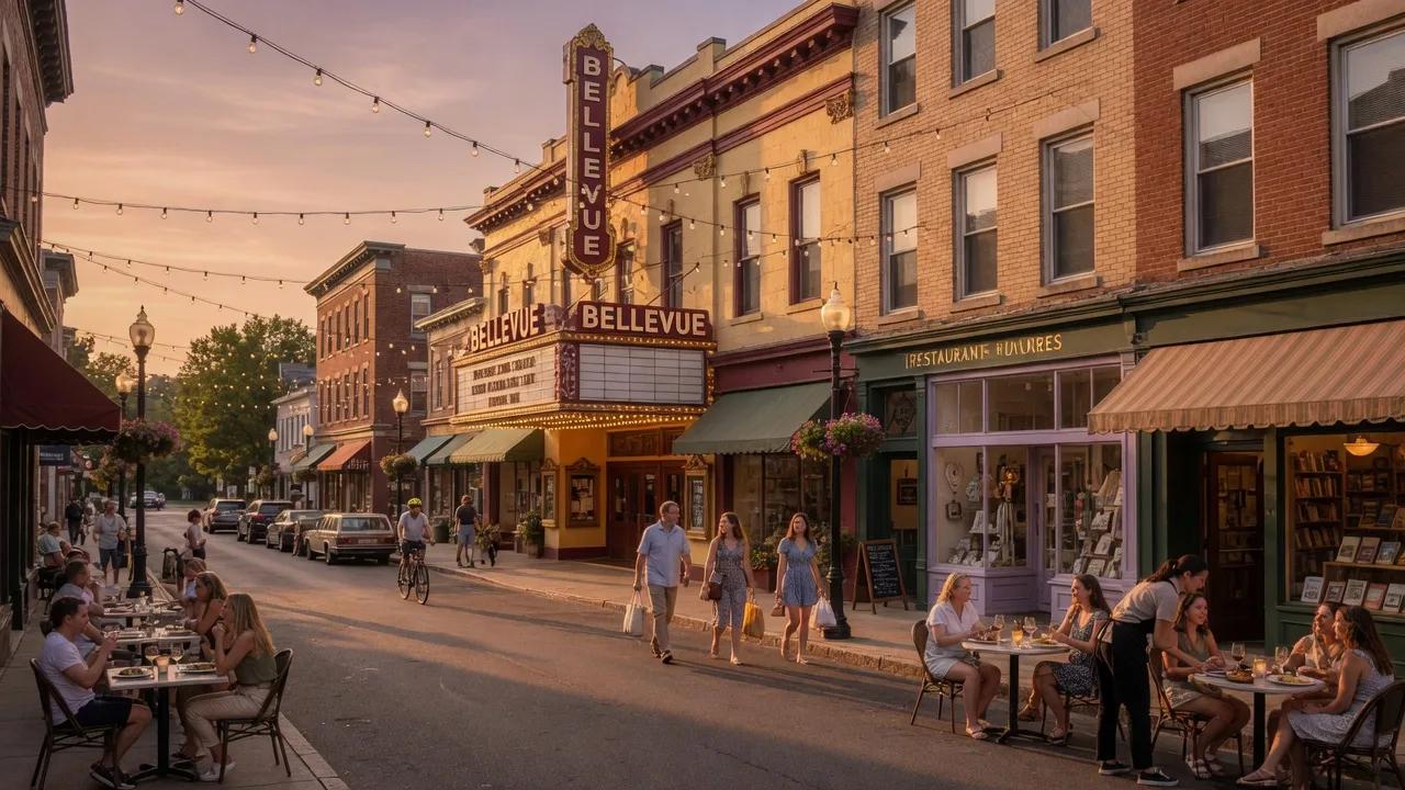 Church Street in downtown Montclair NJ on a late summer evening with warm golden-hour light, the historic Bellevue Theatre facade with its vintage marquee, outdoor restaurant tables with patrons, boutique storefronts, and string lights beginning to glow overhead