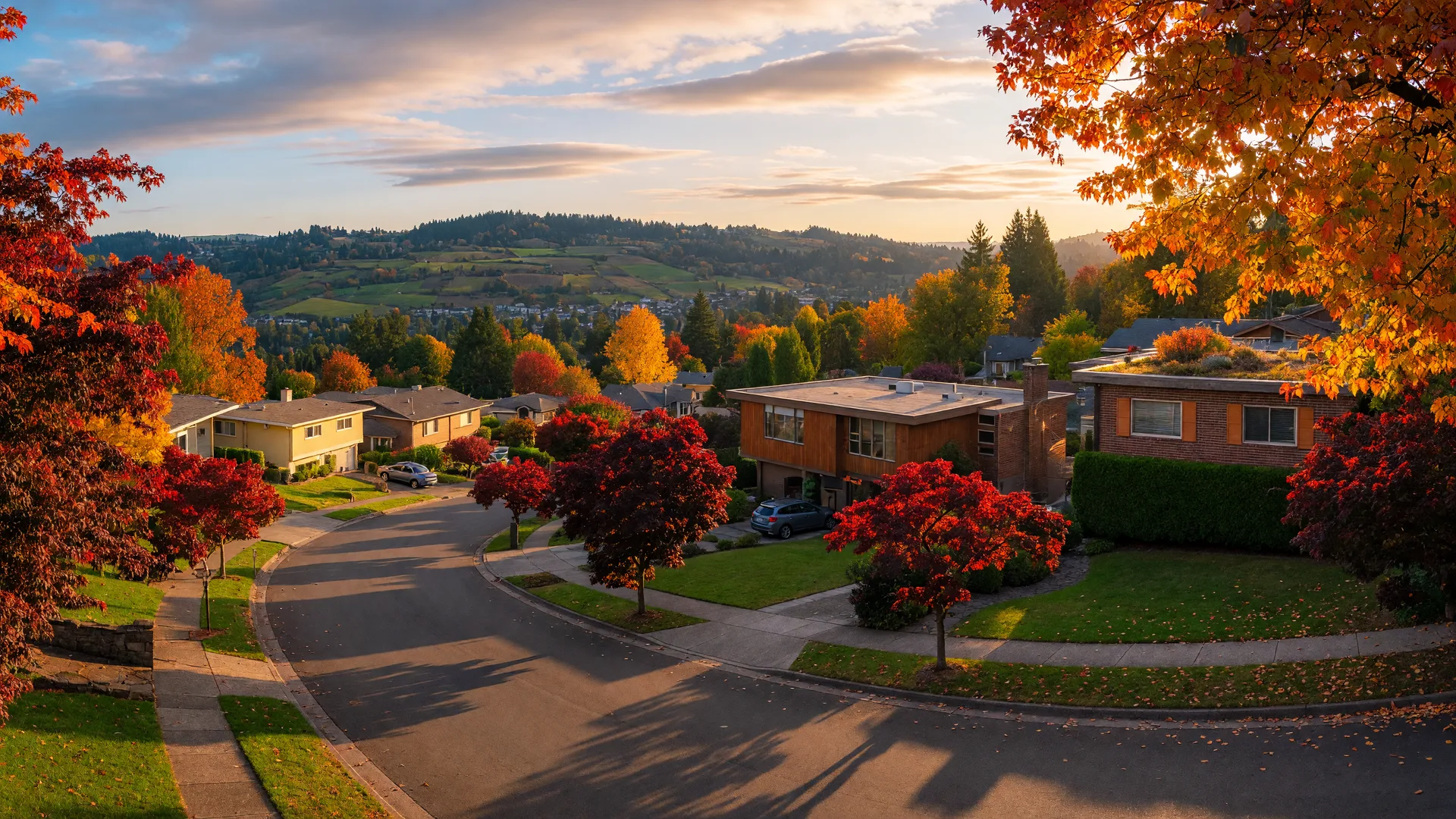 Scenic view of Portland's west side suburbs with fall foliage and tree-lined streets