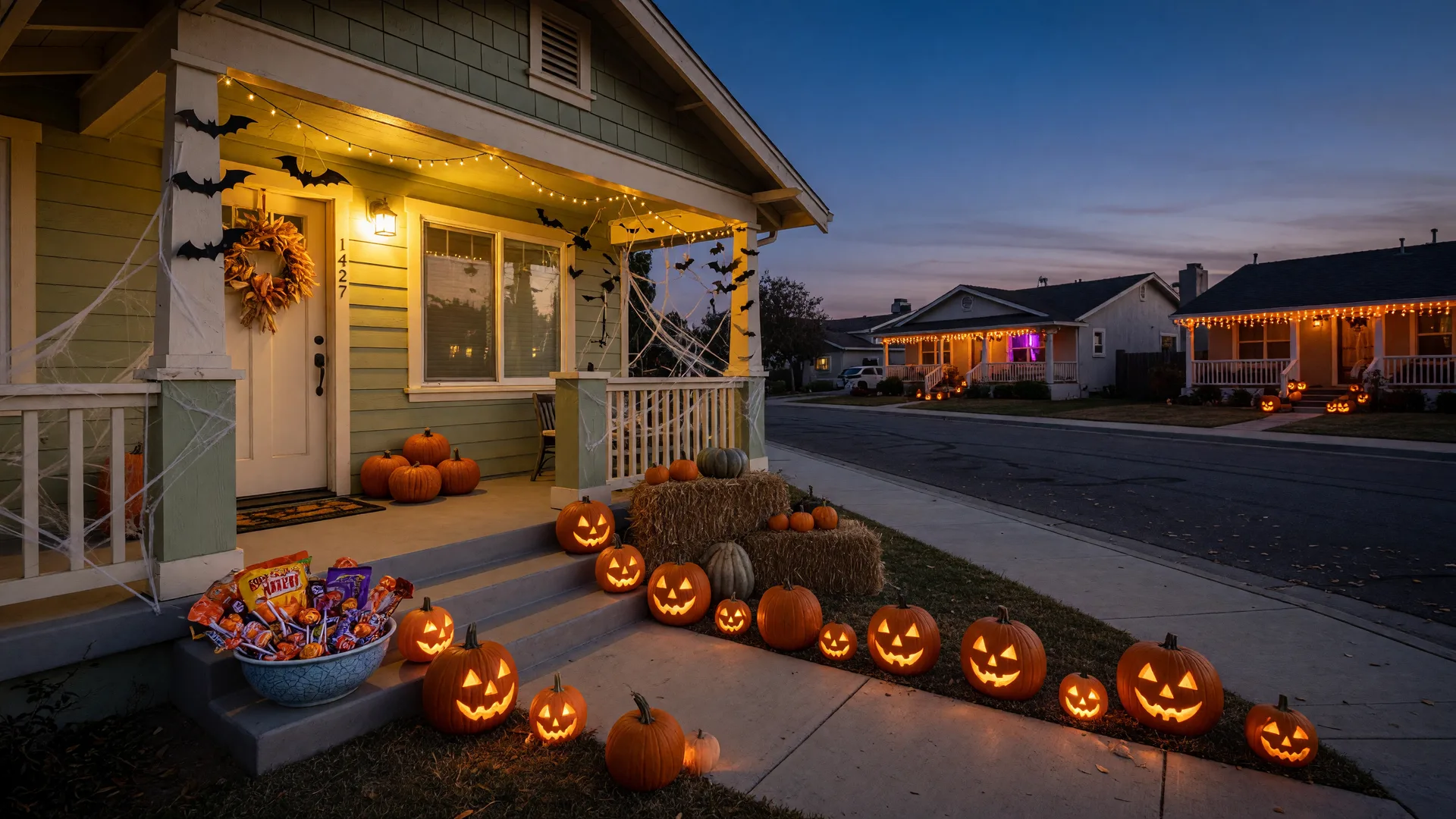 A Santa Clarita Valley front porch lit for Halloween with carved glowing jack-o'-lanterns, string lights, and hay bales at dusk