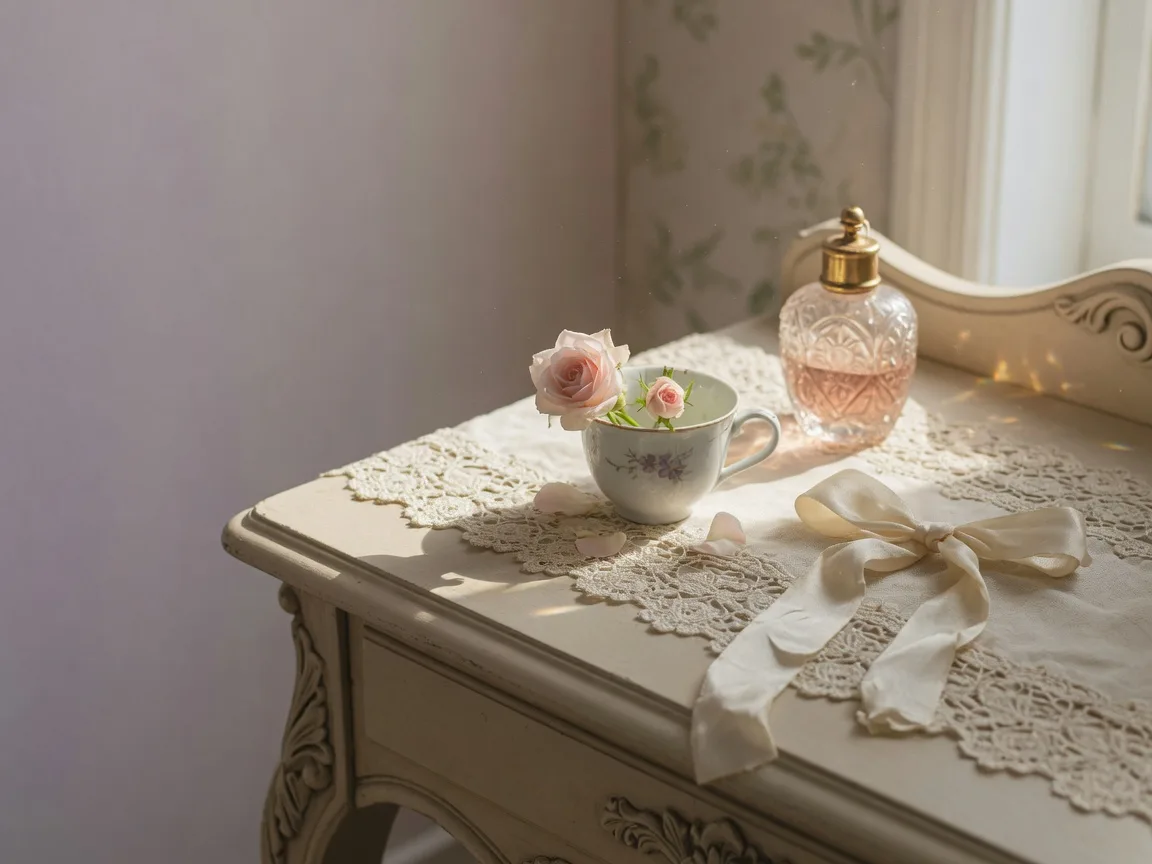 Vintage vanity with a lace runner, a blush rose in a porcelain cup, and a perfume bottle in golden light