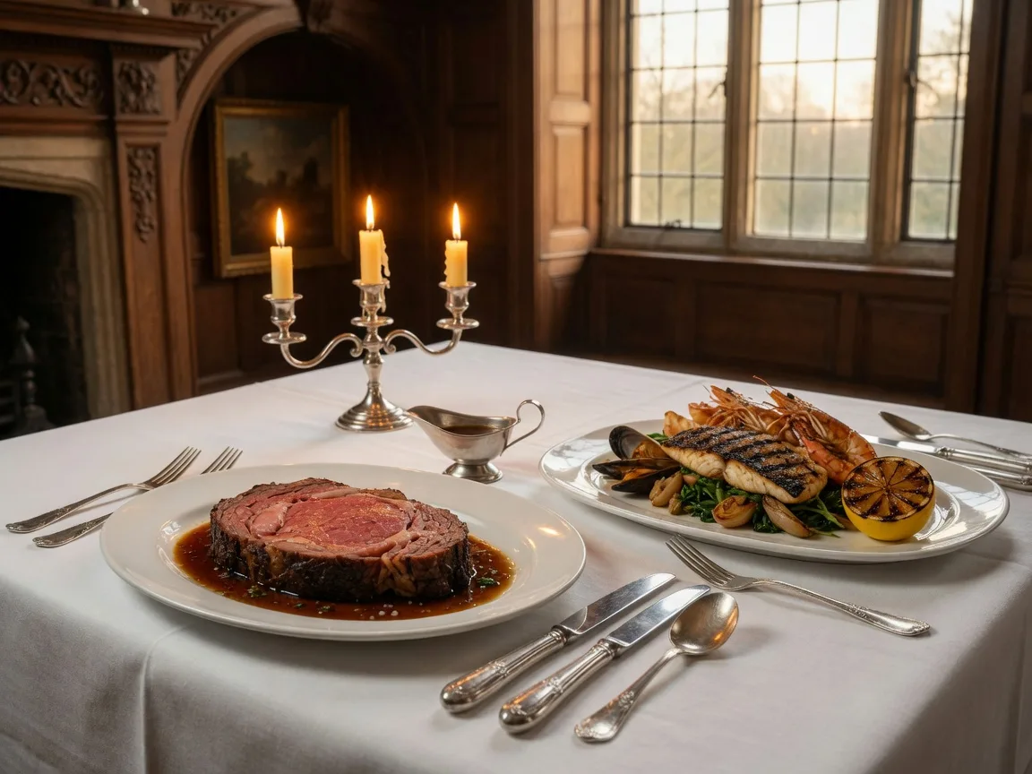 Warm editorial photograph of Summit House's prime rib and wood-grilled seafood plated in a candlelit English country manor dining room