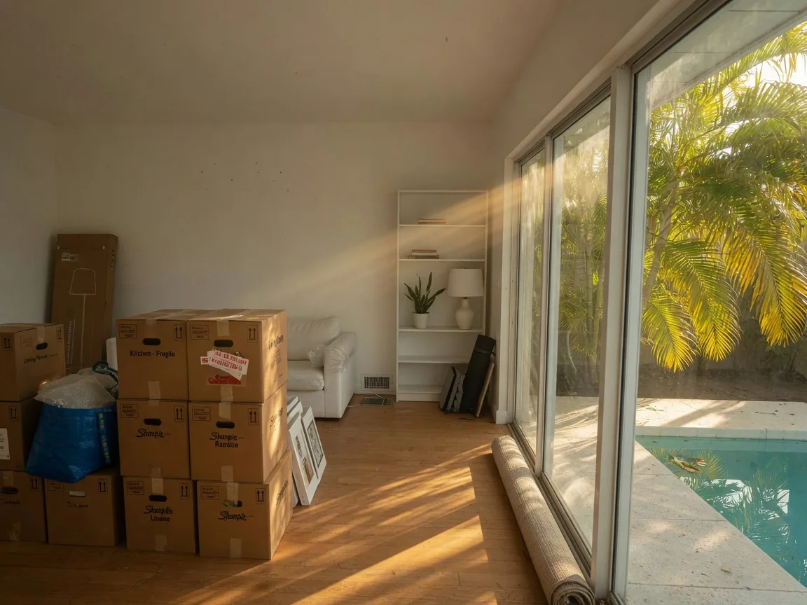 Moving boxes in a bright Florida living room with palm fronds visible through the glass door