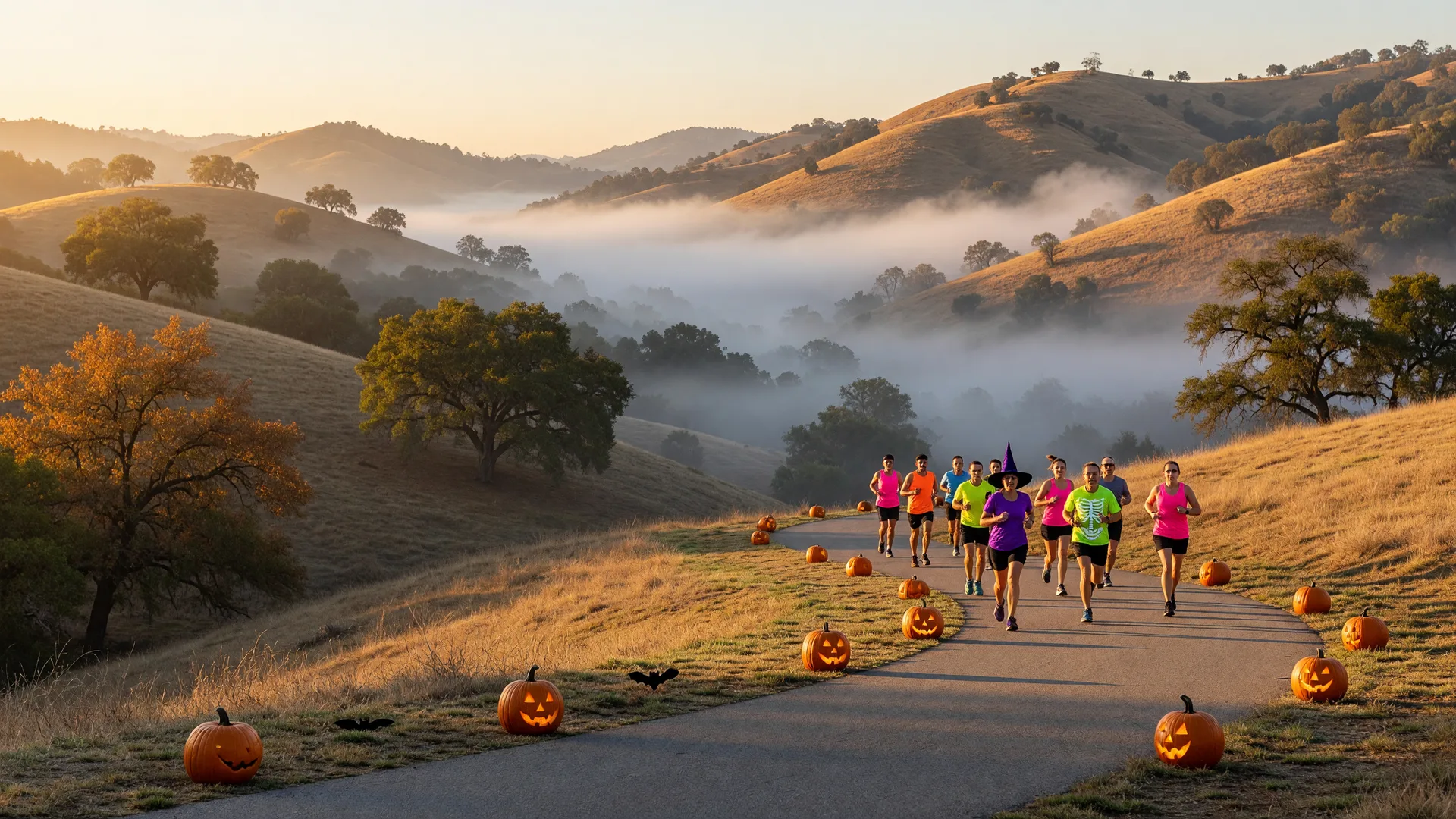 A Halloween-season sunrise road race on a paved paseo path through golden hills, with carved jack-o-lanterns on the grassy verge
