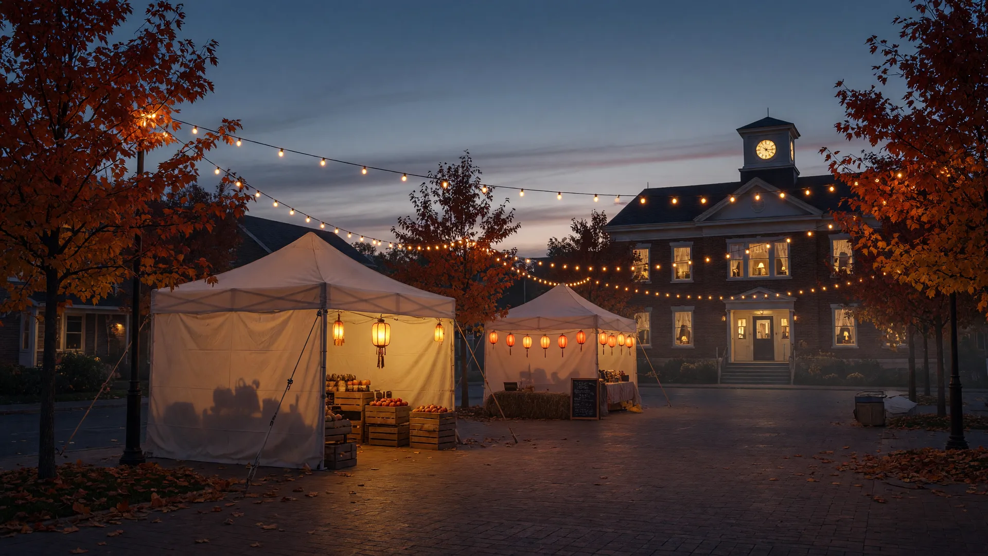 Autumn evening community market in a village square lit with warm string lights