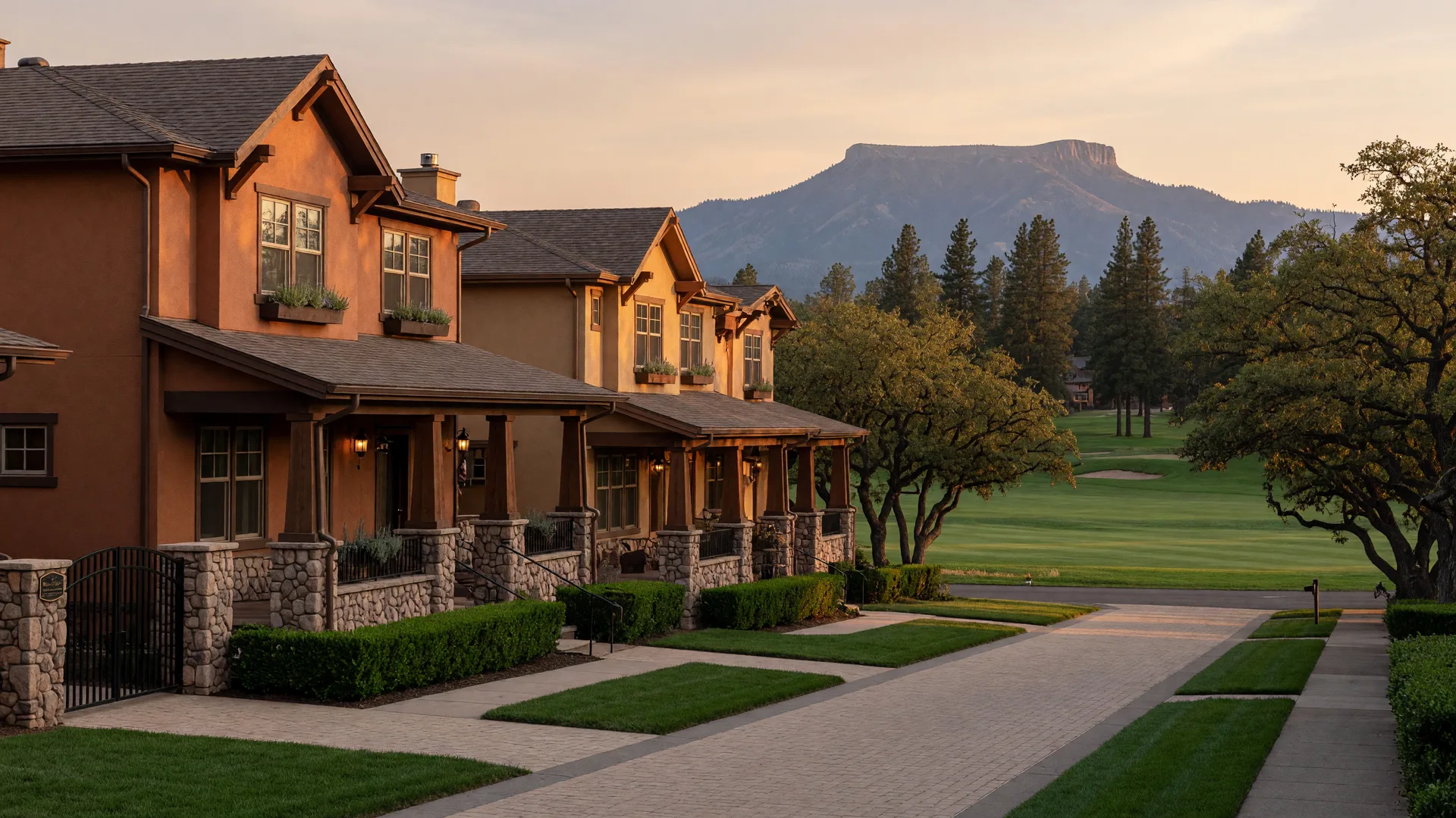 A gated townhome community in Eagle Point backing onto a golf course fairway at golden hour, with Table Rock on the horizon