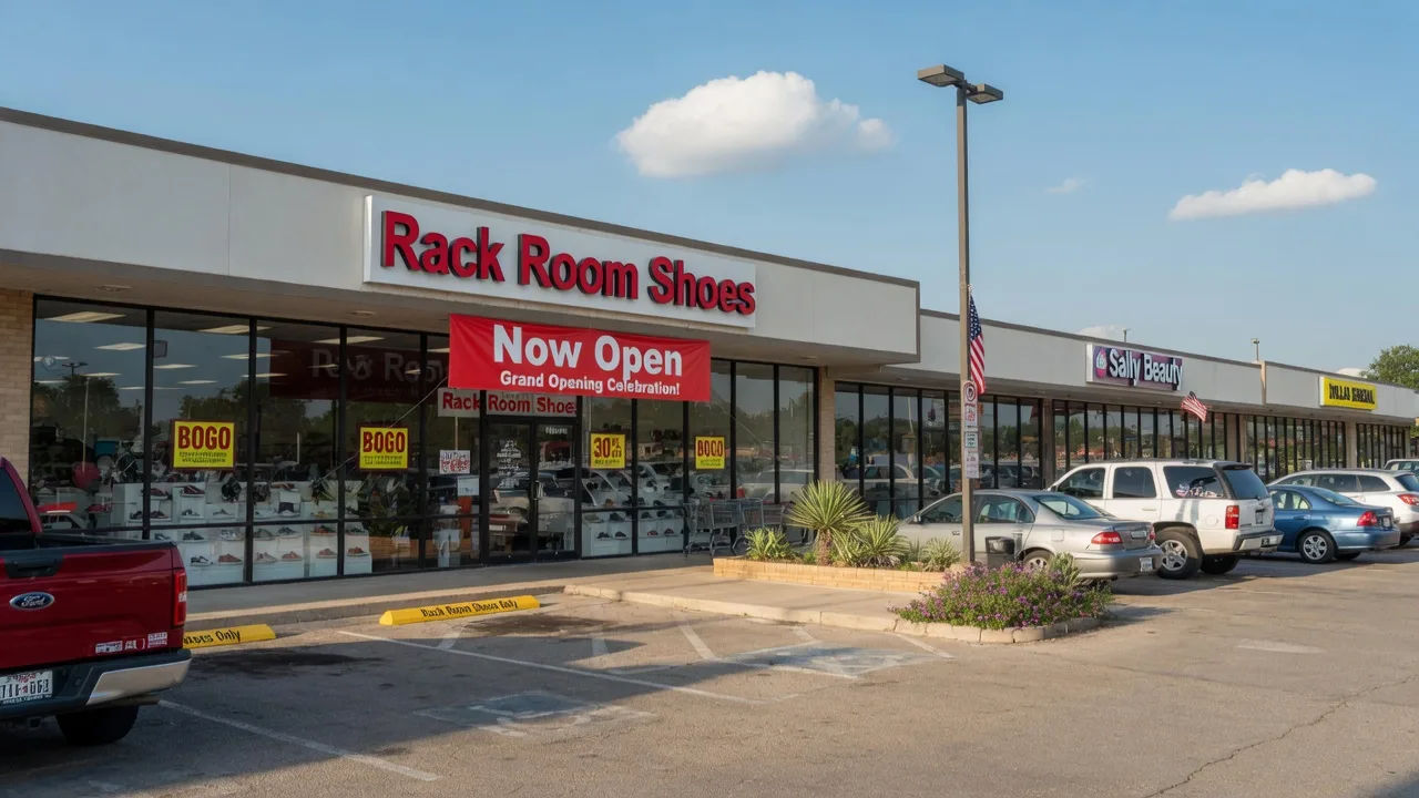 Rack Room Shoes storefront at Paris Crossings Retail Center with Now Open banner