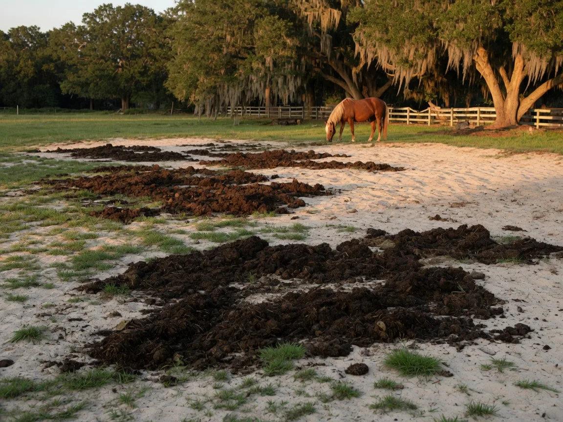 Dark, crumbly composted horse manure spread in a thin layer across a sandy Aiken pasture with a horse grazing near a white fence at golden hour