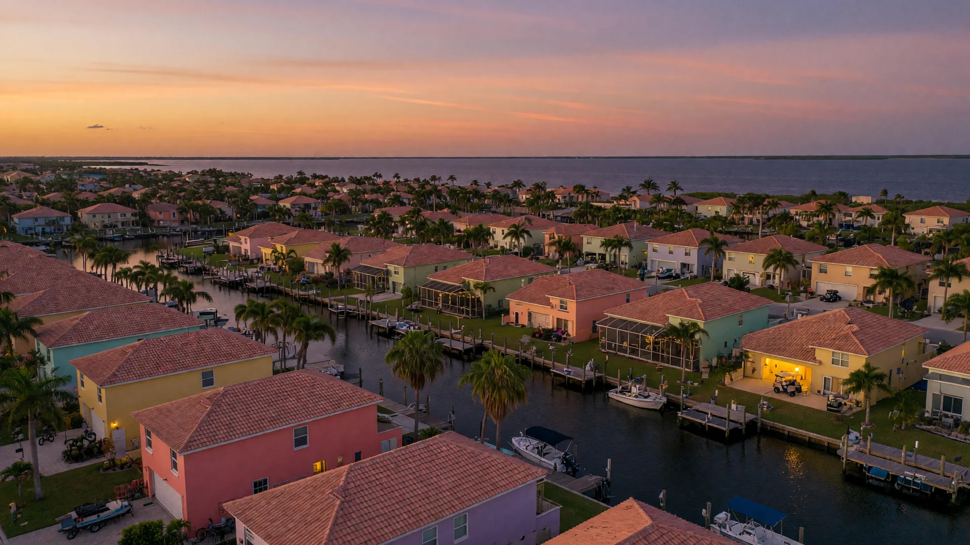 Aerial view of a Gulf Coast Florida canal neighborhood at dusk, with pastel stucco homes, terracotta roofs, docks and boats, and an amber sky over the water