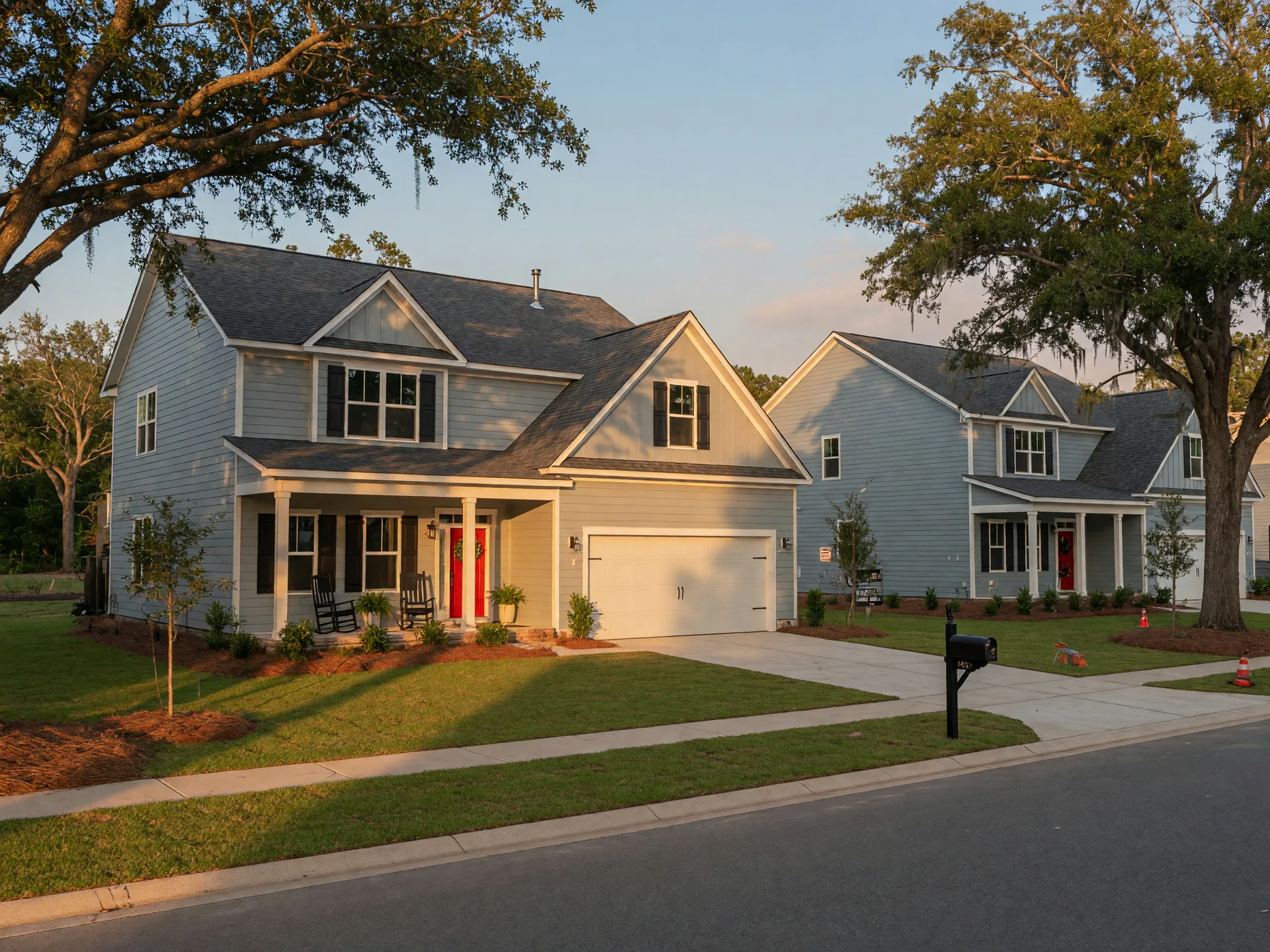 A brand-new single-family home in a Lowcountry master-planned community at golden hour, with a front porch, fresh landscaping, and a quiet street