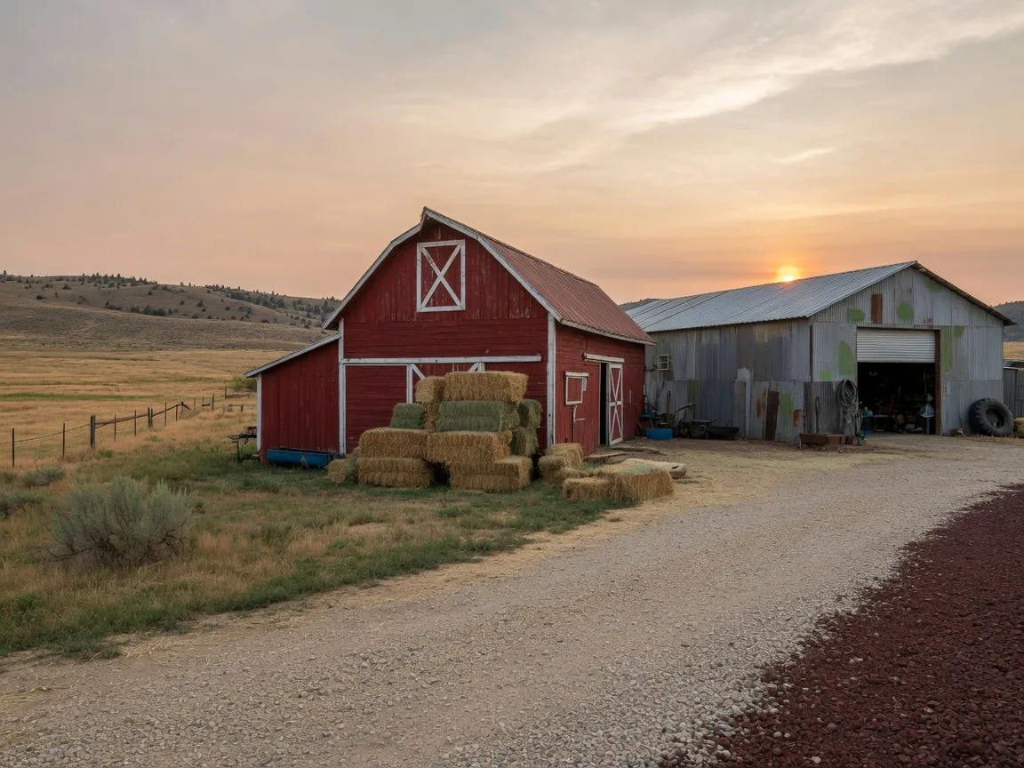 Red barn beside a steel workshop on an Idaho acreage with hay bales stacked nearby