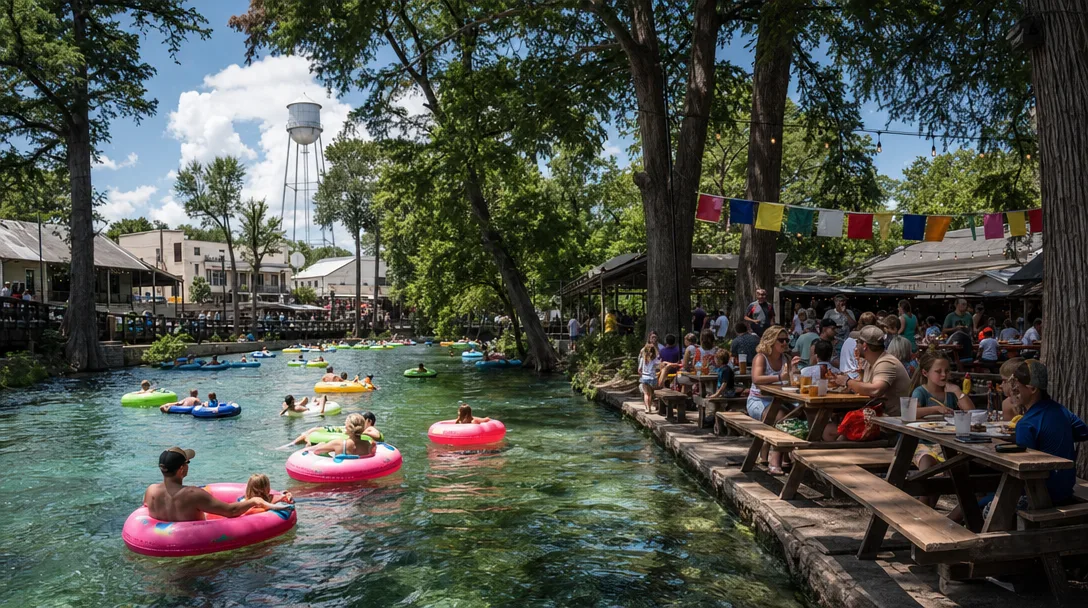 Festive summer day in New Braunfels — people tubing the Comal River in colorful inner tubes under cypress trees with Gruene district in the background