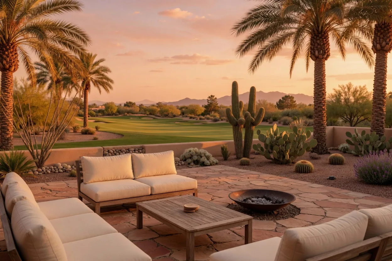 An Arizona golf-home patio at golden hour with desert landscaping and views of the fairway