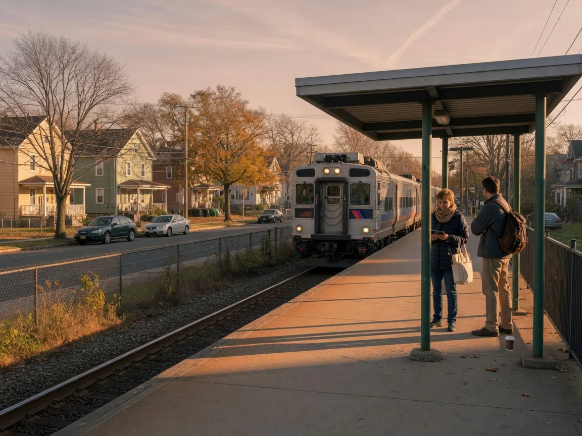 A commuter train arriving at a suburban New Jersey rail platform in late afternoon light